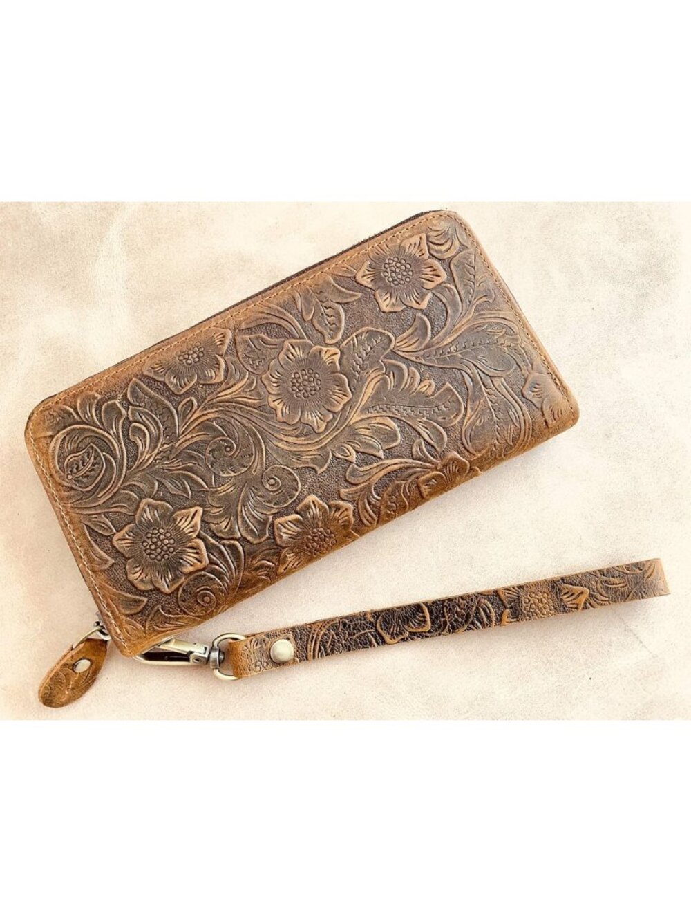 Stylish Women's Brown Floral Leather Long Wallet Organizer & Zipper Wristlet